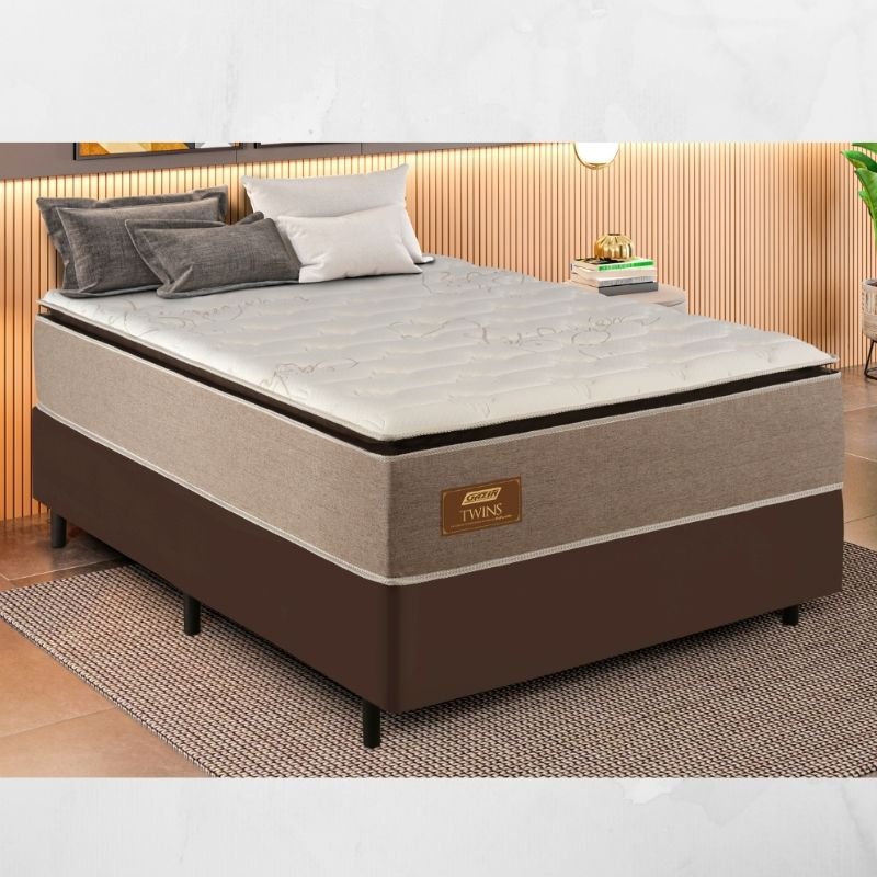 Box Casal Sued Marrom Ortobel + Colchão Casal Twins 138x188x71 Molas BlueWave - Gazin | Suporta até 290kg