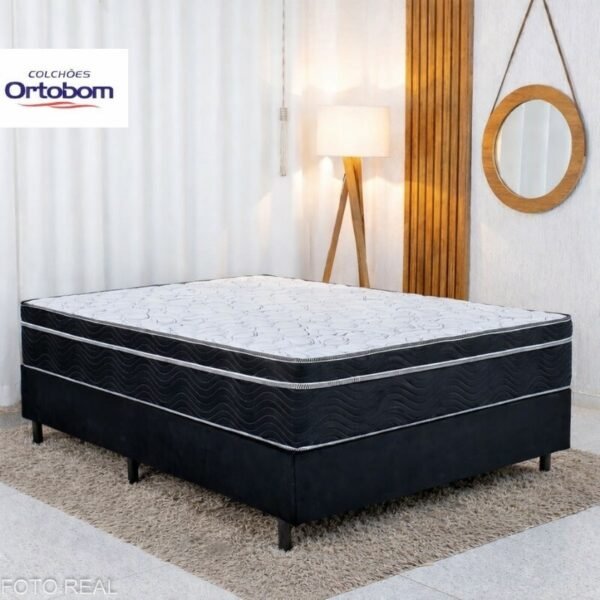 Box Casal Sued Preto Nosso Sonho + Colchão Casal Ortopédico EPS Airtech 150 Ortopillow 138x188x65 Ortobom | Suporta até 240kg