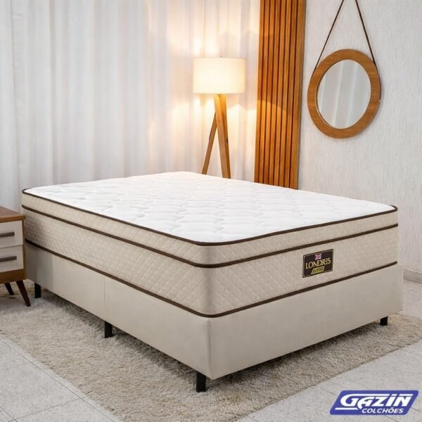 Box Casal Universal Liso Bege + Colchão Casal Londres 138x188x72 Molas Pocket Ensacadas BlueWave - Gazin