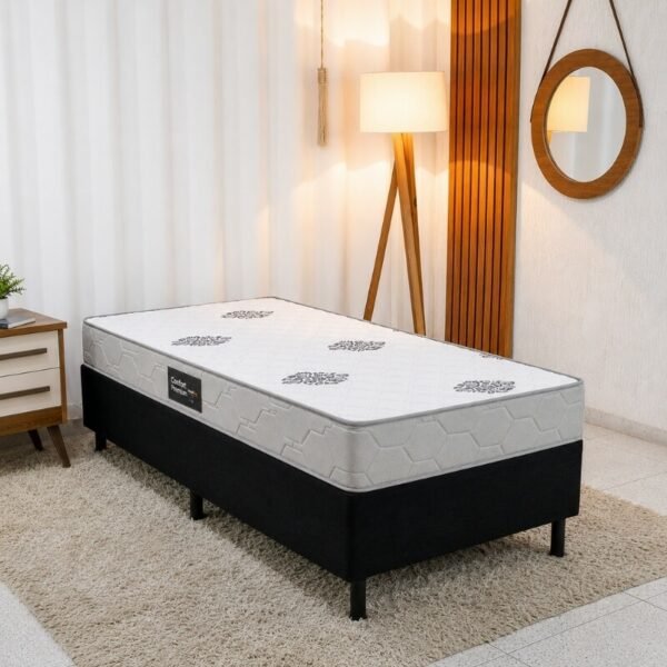 Box Solt. Sued Preto Ortobel + Colchão Solteiro Confort Premium Ortopédico D28 88x188x55 - Inovaflex | Suporta até 120kg
