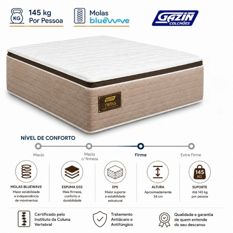 Colchão Queen Twins 158x198x34 Molas BlueWave - Gazin | Suporta até 290kg - Imagem 7