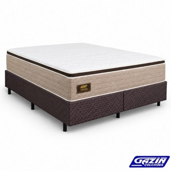 Colchão Queen Twins Molas BlueWave + Base Box Queen Bipartido Universal Marrom Bordado - Gazin 158x198x74 | Suporta até 290kg