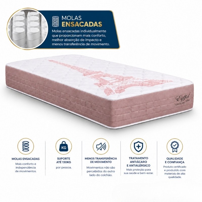 Colchão Solteiro Eiffel Molas Ensacadas Rosa - Anjos + Box Solteiro Korino Marrom - Ortobel 88x188x63 | Suporta até 130kg - Imagem 12