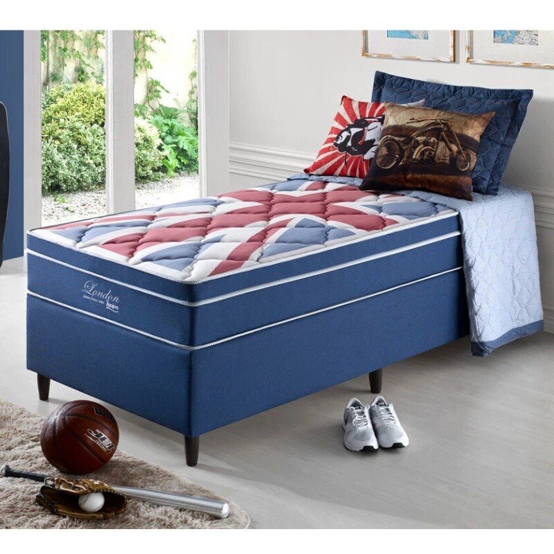 Box Azul + Colchão Solteiro London Molas Superlastic 88x188x68 - Anjos