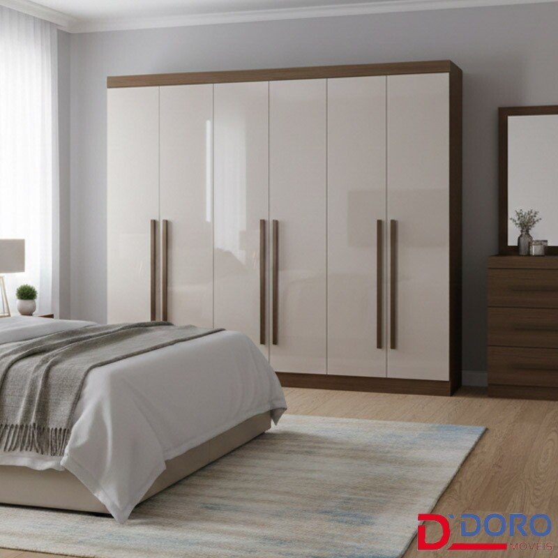 Roupeiro Casal Los Angeles Castanho/Off 3 Portas 6 Gavetas C/ 1 Espelho Detalhe Ripado Portas Flex 100% MDF Larg. 2.73m - D Doro - Imagem 5