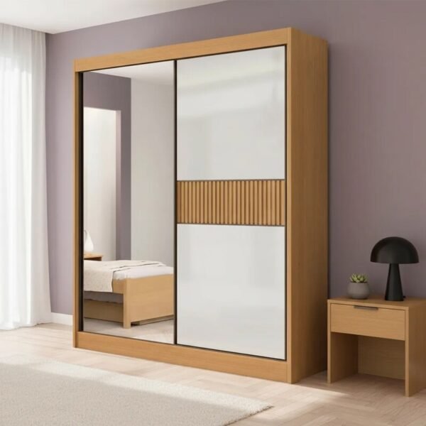 Roupeiro Atenas Ripado Cinamomo/Off 2 Portas C/ 1 Espelho 100% MDF Larg. 1.85m - D'Doro