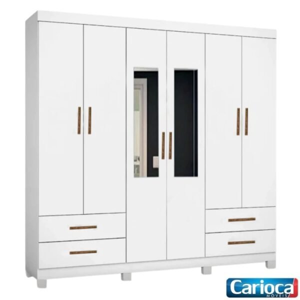 Guarda-roupa Casal Hercules Branco 6 Portas 4 Gavetas C/ Espelho e Pés Larg. 1.77m - Carioca