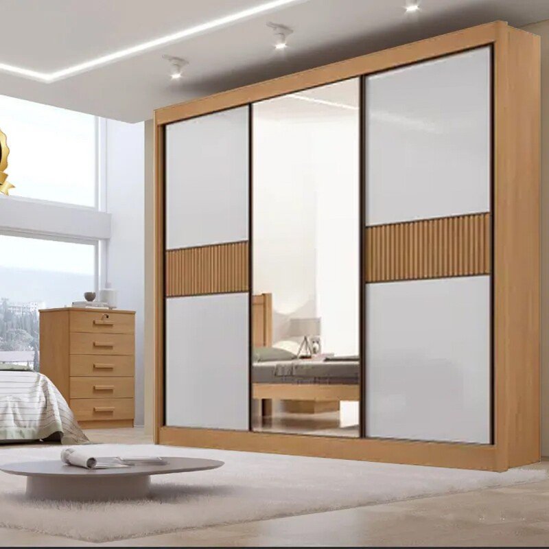 Roupeiro Casal Cristal Ripado Cinamomo/Off 3 Portas 6 Gavetas C/ 1 Espelho 100% MDF Larg. 2.42m - D Doro