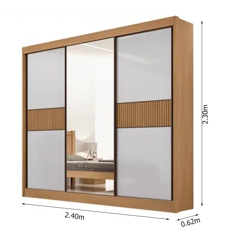 Roupeiro Casal Cristal Ripado Cinamomo/Off 3 Portas 6 Gavetas C/ 1 Espelho 100% MDF Larg. 2.42m - D Doro - Imagem 3