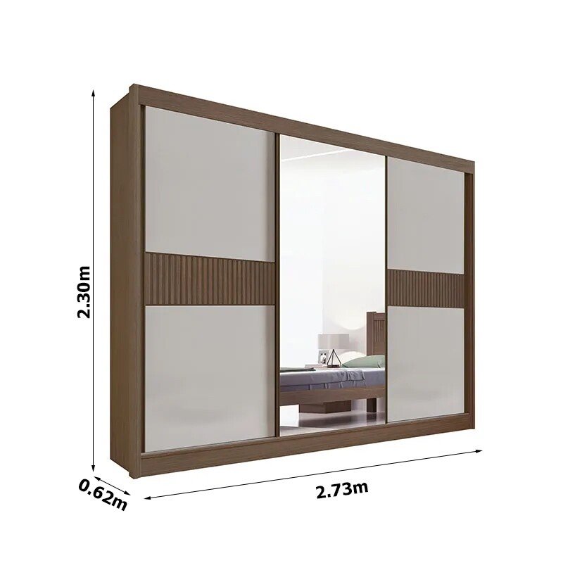 Roupeiro Casal Los Angeles Castanho/Off 3 Portas 6 Gavetas C/ 1 Espelho Detalhe Ripado Portas Flex 100% MDF Larg. 2.73m - D Doro - Imagem 4