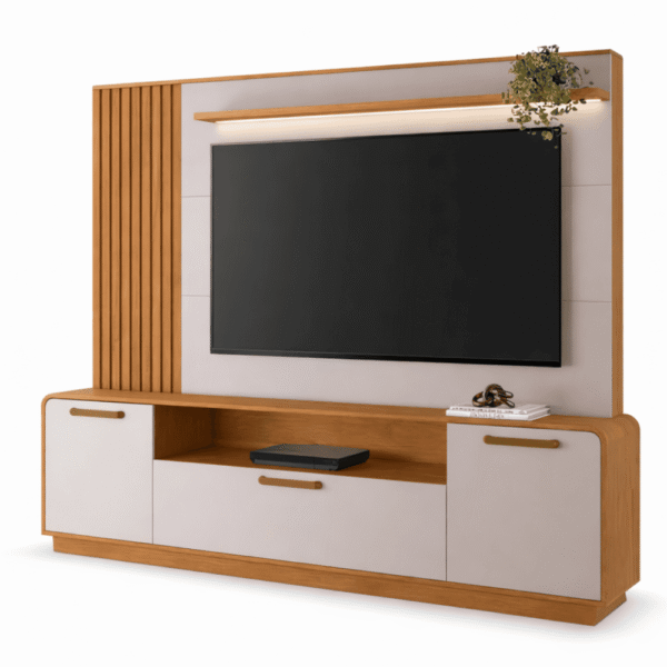 Home Apego Larg. 2.00m Cinamomo/Off C/ Luminária LED e Detalhe Ripado TV até 65" - JCM