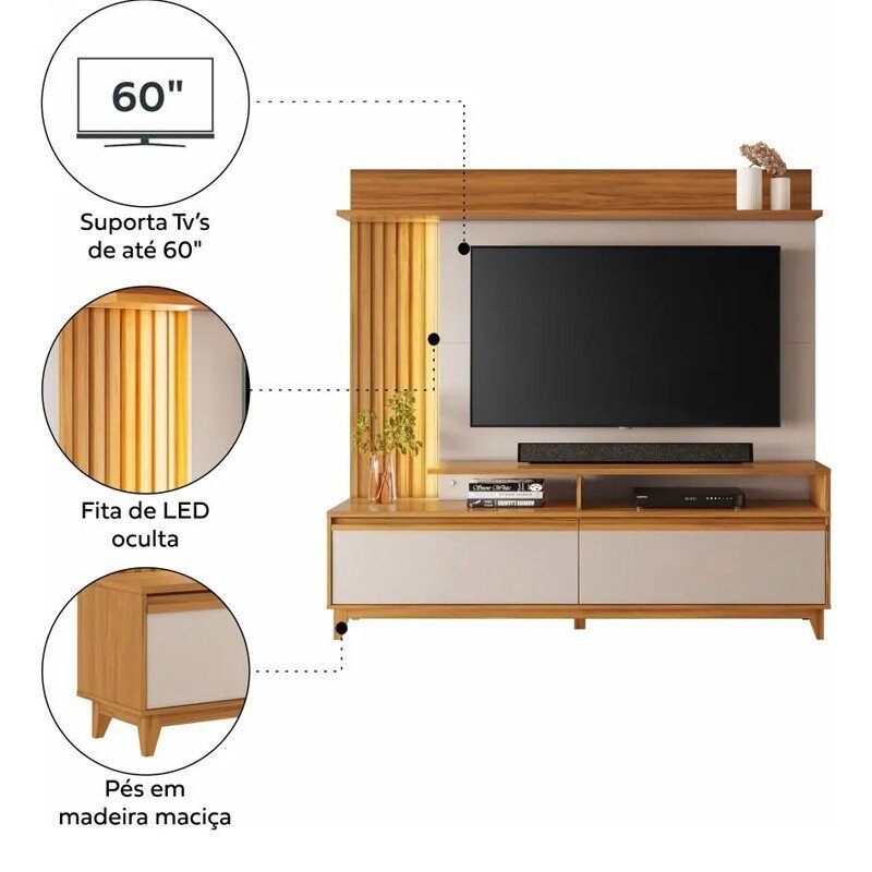Home NT 1400 C/Detalhe Ripado e LED para TV's até 60 Polegadas Larg. 1.83m - Notável - Imagem 2