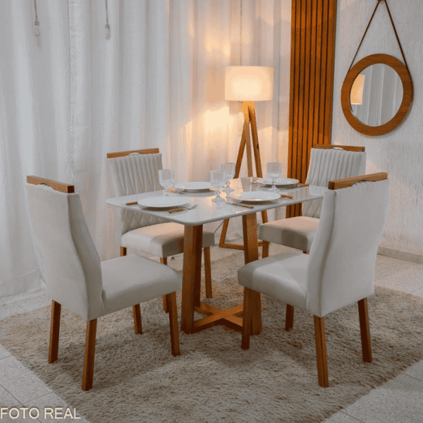 Mesa Bali 120×80 Vidro Off/Base Madeira - Minas Plac + 4 Cad. Genova Veludo Bege 512 Madeira Art Assento - Entregue Montada