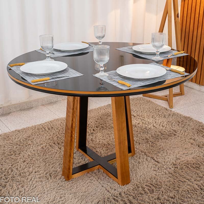 Mesa de Jantar Atlanta Redonda 120cm Vidro Preto/Base Madeira - Minas Plac + 4 Cad. Genova Veludo Preto 504 Madeira Art Assentos - Entregue Montada - Imagem 7