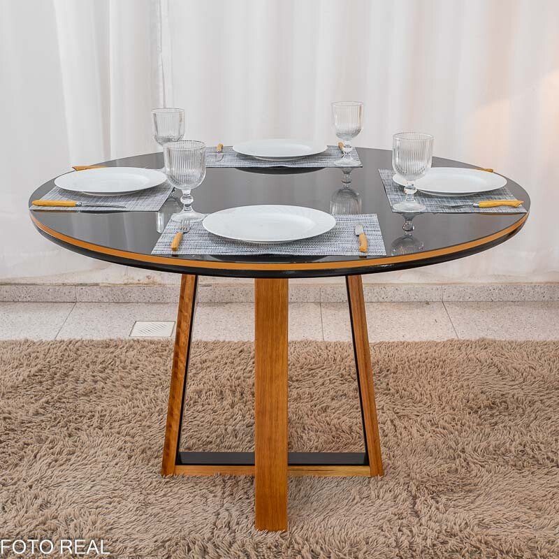 Mesa de Jantar Atlanta Redonda 120cm Vidro Preto/Base Madeira - Minas Plac + 4 Cad. Genova Veludo Preto 504 Madeira Art Assentos - Entregue Montada - Imagem 8