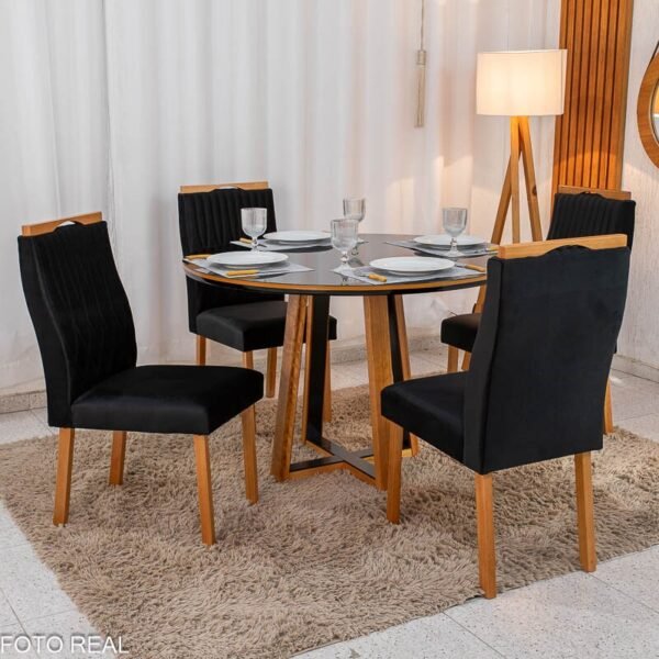 Mesa de Jantar Atlanta Redonda 120cm Vidro Preto/Base Madeira - Minas Plac + 4 Cad. Genova Veludo Preto 504 Madeira Art Assentos - Entregue Montada