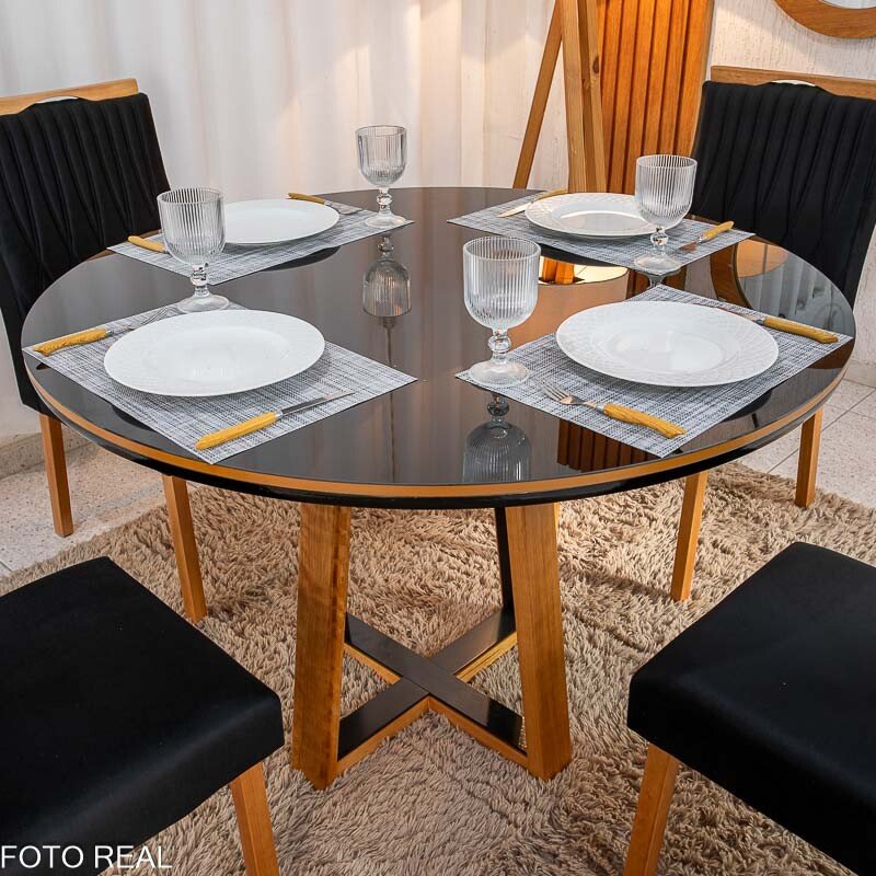 Mesa de Jantar Atlanta Redonda 120cm Vidro Preto/Base Madeira - Minas Plac + 4 Cad. Genova Veludo Preto 504 Madeira Art Assentos - Entregue Montada - Imagem 2