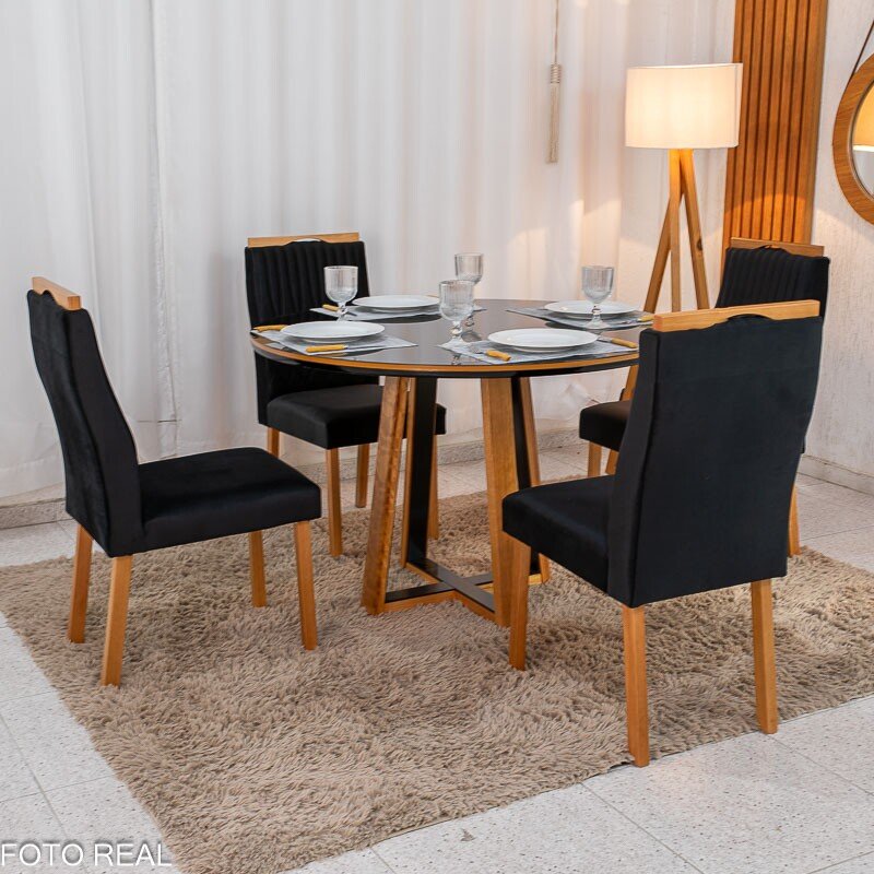 Mesa de Jantar Atlanta Redonda 120cm Vidro Preto/Base Madeira - Minas Plac + 4 Cad. Genova Veludo Preto 504 Madeira Art Assentos - Entregue Montada - Imagem 3