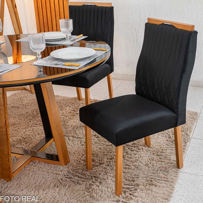 Mesa de Jantar Atlanta Redonda 120cm Vidro Preto/Base Madeira - Minas Plac + 4 Cad. Genova Veludo Preto 504 Madeira Art Assentos - Entregue Montada - Imagem 4
