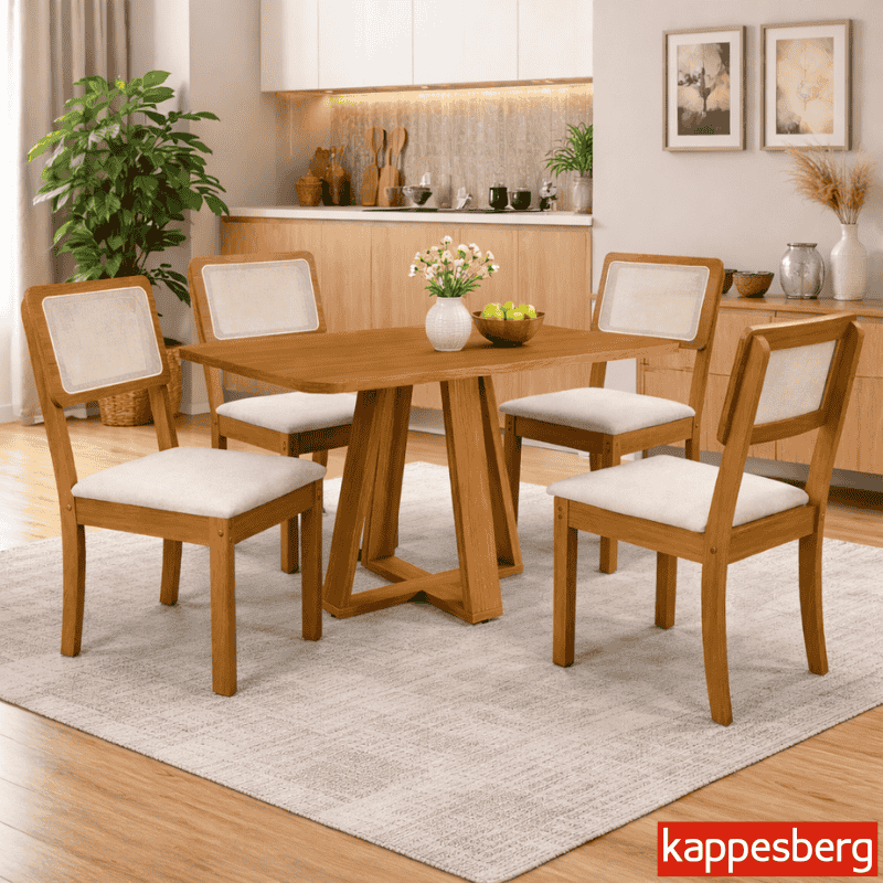 Mesa de Jantar BA65 Tampo MDF Madeirado 120X80 Madeira Maciça + 4 Cad. Gardeni Cinamomo - Kappesberg