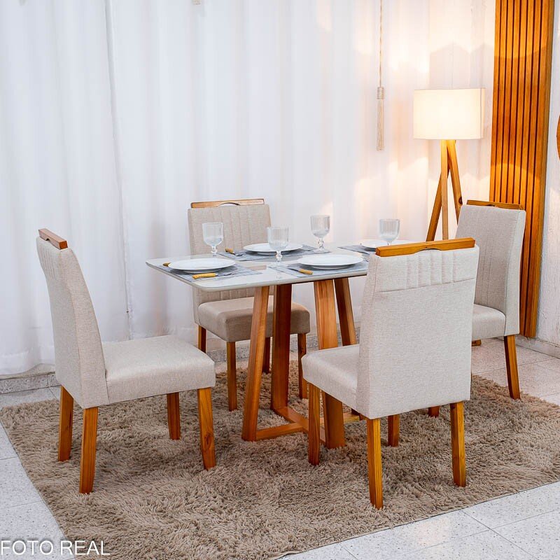 Mesa de Jantar Bali 120×80 Vidro Off/Base Madeira + 4 Cad. Atlanta Linho Bege Cru Madeira Minas Plac - Entregue Montada - Imagem 3