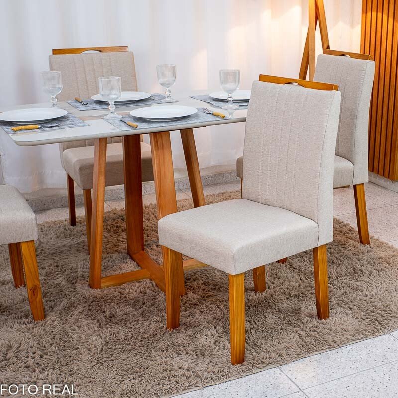 Mesa de Jantar Bali 120×80 Vidro Off/Base Madeira + 4 Cad. Atlanta Linho Bege Cru Madeira Minas Plac - Entregue Montada - Imagem 5
