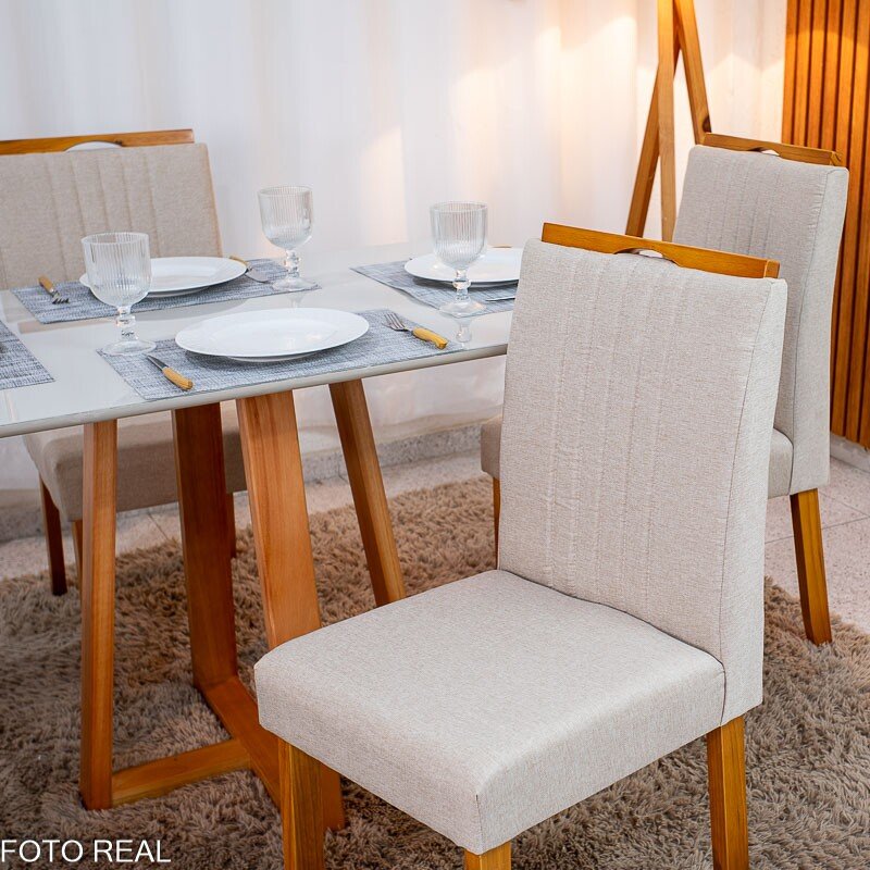 Mesa de Jantar Bali 120×80 Vidro Off/Base Madeira + 4 Cad. Atlanta Linho Bege Cru Madeira Minas Plac - Entregue Montada - Imagem 6