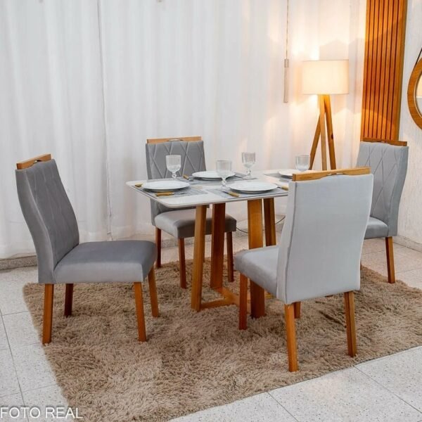 Mesa de Jantar Bali 120x80 Vidro Off/Base Madeira Minas Plac + 4 Cad. Lisboa Veludo Prata 514 Madeira Art Assento - Entregue Montada