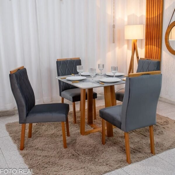 Mesa de Jantar Bali 90x90 Vidro Off/Base Madeira Minas Plac + 4 Cad. Lisboa Veludo Cinza 507 Madeira Art Assento - Entregue Montada