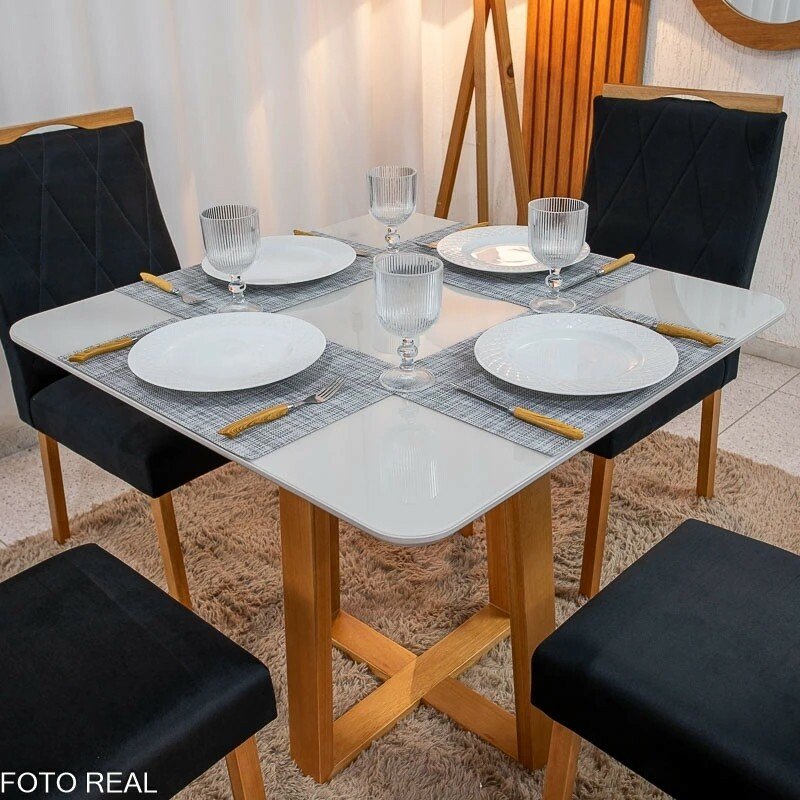 Mesa de Jantar Bali 90x90 Vidro Off/Base Madeira Minas Plac + 4 Cad. Lisboa Veludo Preto 504 Madeira Art Assento - Entregue Montada - Imagem 2