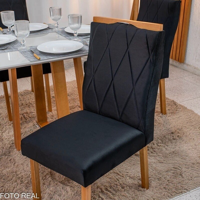 Mesa de Jantar Bali 90x90 Vidro Off/Base Madeira Minas Plac + 4 Cad. Lisboa Veludo Preto 504 Madeira Art Assento - Entregue Montada - Imagem 4