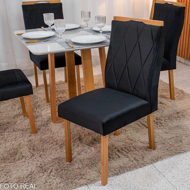 Mesa de Jantar Bali 90x90 Vidro Off/Base Madeira Minas Plac + 4 Cad. Lisboa Veludo Preto 504 Madeira Art Assento - Entregue Montada - Imagem 6