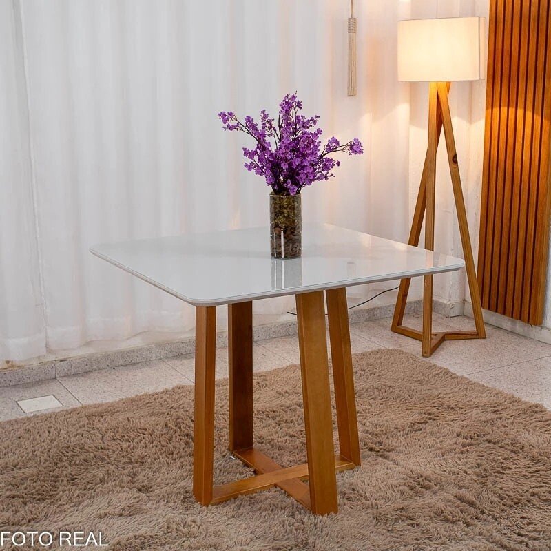 Mesa de Jantar Bali 90x90 Vidro Off/Base Madeira Minas Plac + 4 Cad. Lisboa Veludo Preto 504 Madeira Art Assento - Entregue Montada - Imagem 7