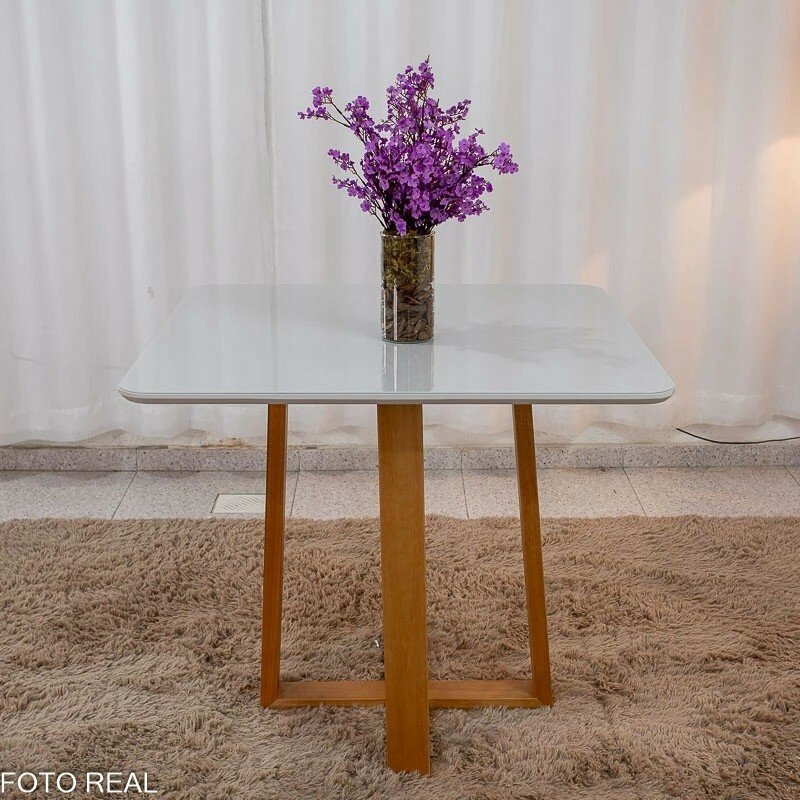 Mesa de Jantar Bali 90x90 Vidro Off/Base Madeira Minas Plac + 4 Cad. Lisboa Veludo Preto 504 Madeira Art Assento - Entregue Montada - Imagem 8