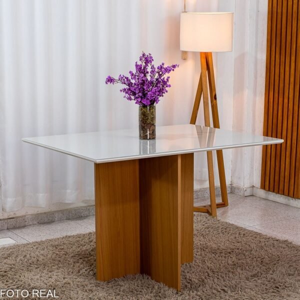 Mesa de Jantar Helo 120×90 Vidro Off/Base Freijó - Poliman