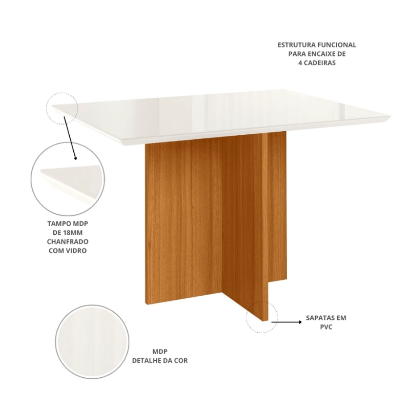 Mesa de Jantar Helo 120×90 Vidro Off/Base Mel Poliman + 4 Cad. Genova Veludo Bege 512 Madeira - Art Assento - Imagem 13