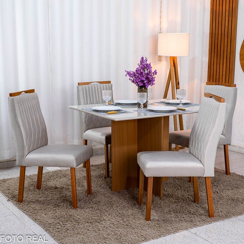 Mesa de Jantar Helo 120×90 Vidro Off/Base Mel Poliman + 4 Cad. Genova Veludo Bege 512 Madeira - Art Assento
