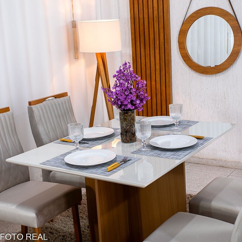 Mesa de Jantar Helo 120×90 Vidro Off/Base Mel Poliman + 4 Cad. Genova Veludo Bege 512 Madeira - Art Assento - Imagem 2