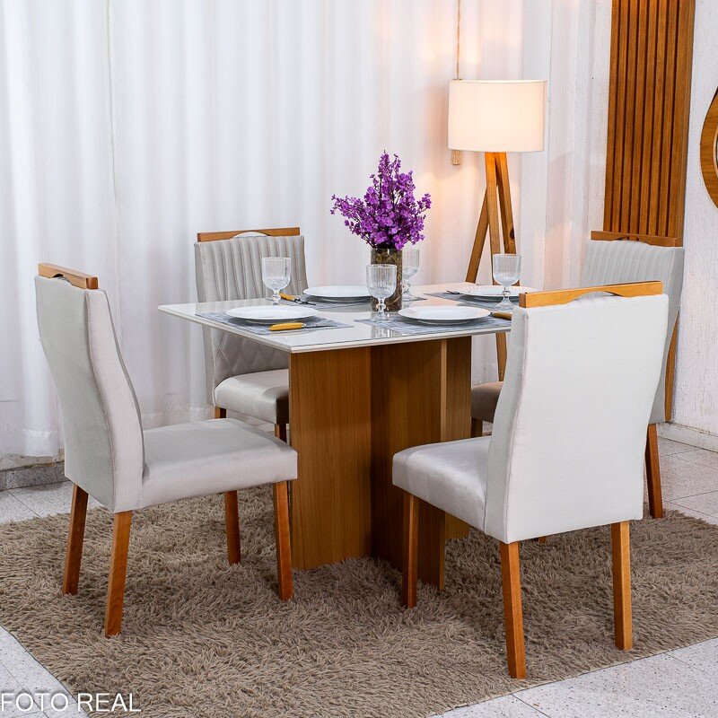 Mesa de Jantar Helo 120×90 Vidro Off/Base Mel Poliman + 4 Cad. Genova Veludo Bege 512 Madeira - Art Assento - Imagem 4