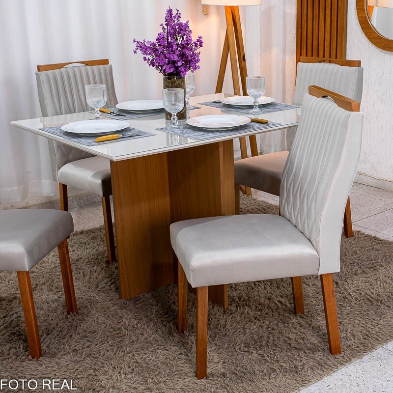 Mesa de Jantar Helo 120×90 Vidro Off/Base Mel Poliman + 4 Cad. Genova Veludo Bege 512 Madeira - Art Assento - Imagem 5