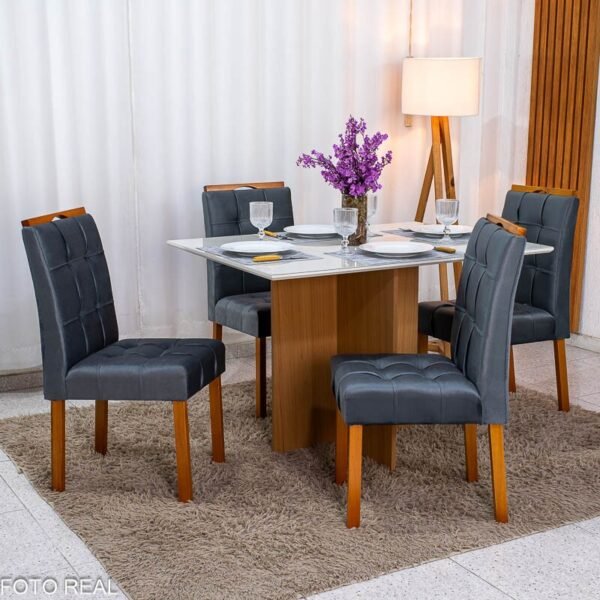 Mesa de Jantar Helo 120×90 Vidro Off/Base Mel Poliman + 4 Cad. Londres Veludo Chumbo Madeira - Minas Plac