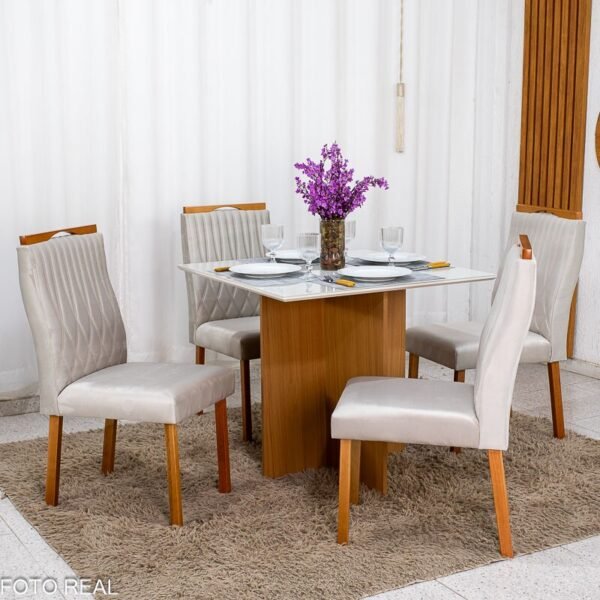 Mesa de Jantar Helo 90×90 Vidro Off/Base Freijó Poliman + 4 Cad. Genova Veludo Bege 512 Madeira - Art Assento