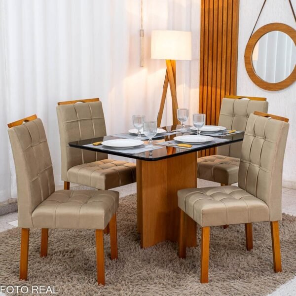 Mesa de Jantar Moscou 120x80 Vidro Preto/Base Cinamomo + 4 Cad. Londres Veludo Avelã Madeira Minas Plac - Entregue Montada