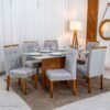 Mesa de Jantar Moscou 160x80 Vidro Off/Base Cinamomo + 6 Cad. Londres Linho Prata Madeira Minas Plac - Entregue Montada
