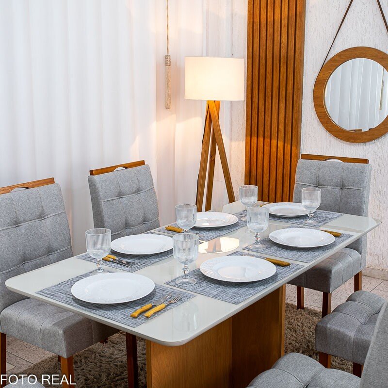 Mesa de Jantar Moscou 160x80 Vidro Off/Base Cinamomo + 6 Cad. Londres Linho Prata Madeira Minas Plac - Entregue Montada - Imagem 2