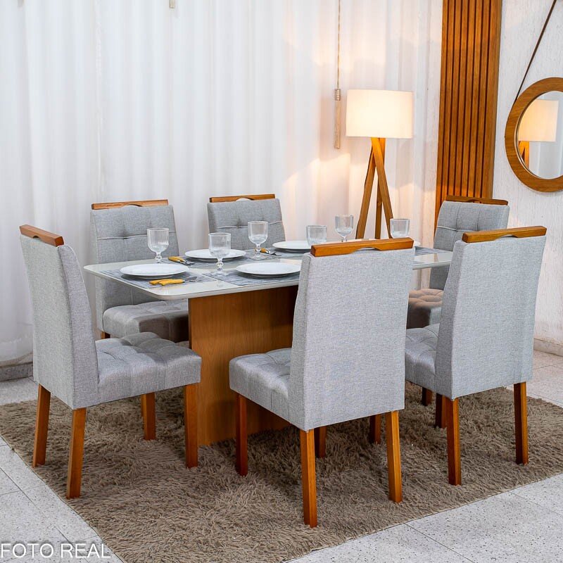 Mesa de Jantar Moscou 160x80 Vidro Off/Base Cinamomo + 6 Cad. Londres Linho Prata Madeira Minas Plac - Entregue Montada - Imagem 3