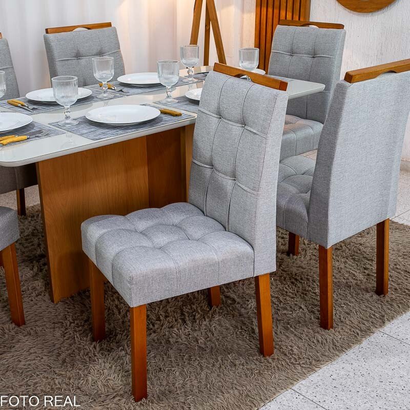 Mesa de Jantar Moscou 160x80 Vidro Off/Base Cinamomo + 6 Cad. Londres Linho Prata Madeira Minas Plac - Entregue Montada - Imagem 4