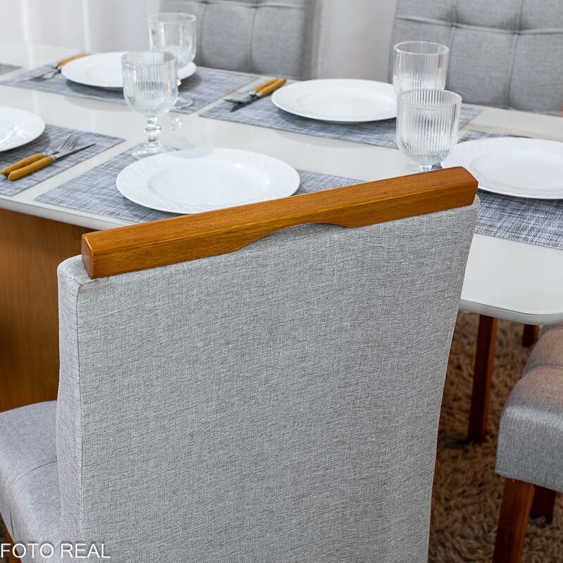 Mesa de Jantar Moscou 160x80 Vidro Off/Base Cinamomo + 6 Cad. Londres Linho Prata Madeira Minas Plac - Entregue Montada - Imagem 5