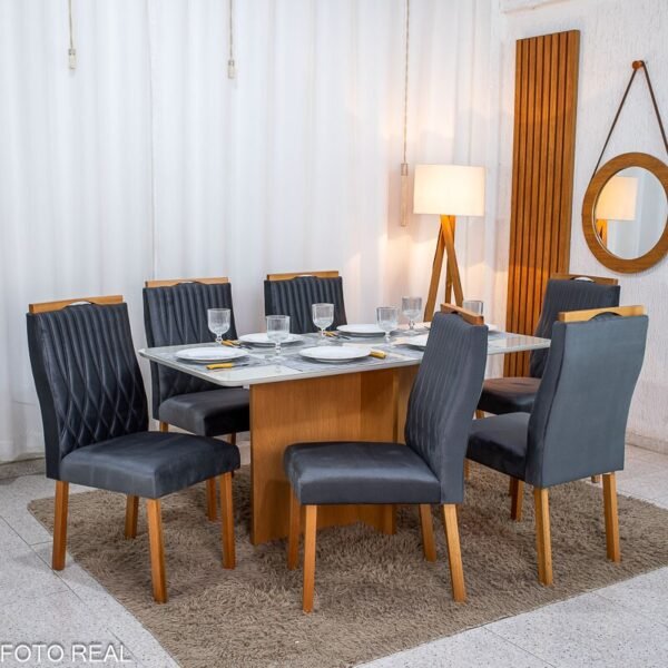 Mesa de Jantar Moscou 160x80 Vidro Off/Base Cinamomo - Minas Plac + 6 Cad. Genova Veludo Cinza 507 Madeira Art Assentos - Entregue Montada