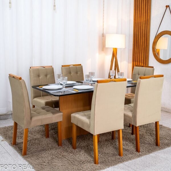 Mesa de Jantar Moscou 160x80 Vidro Preto/Base Cinamomo + 6 Cad. Londres Veludo Avelã Madeira Minas Plac - Entregue Montada